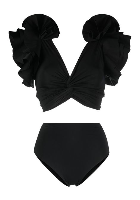 Black ruffled V-neck swimsuit - MAYGLE CORONEL women